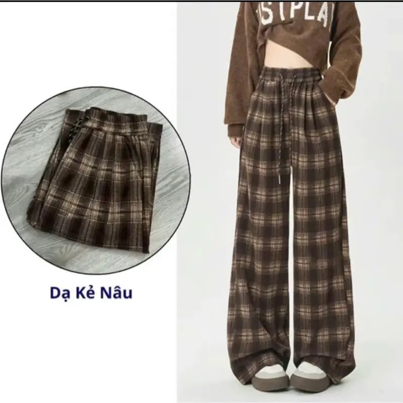 Quần Suông Ống Rộng Nữ Umi Dạ Mềm Kẻ Caro Cao Cấp - Hàng Hottrend Thun Women Ong 0