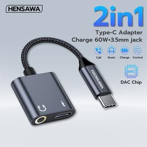 HENSAWA รุ่น AD172 2 in 1 USB Type C to 3.5mm PD 60W Charging Adapter Bult in DAC chip 16Bit/48KHz รองรับ iPad Pro Samsung S24 S23 Ultra iPhone 16 15 Pro Max (ด้วยชิป DAC) ไม่รองรับ PC Notebook