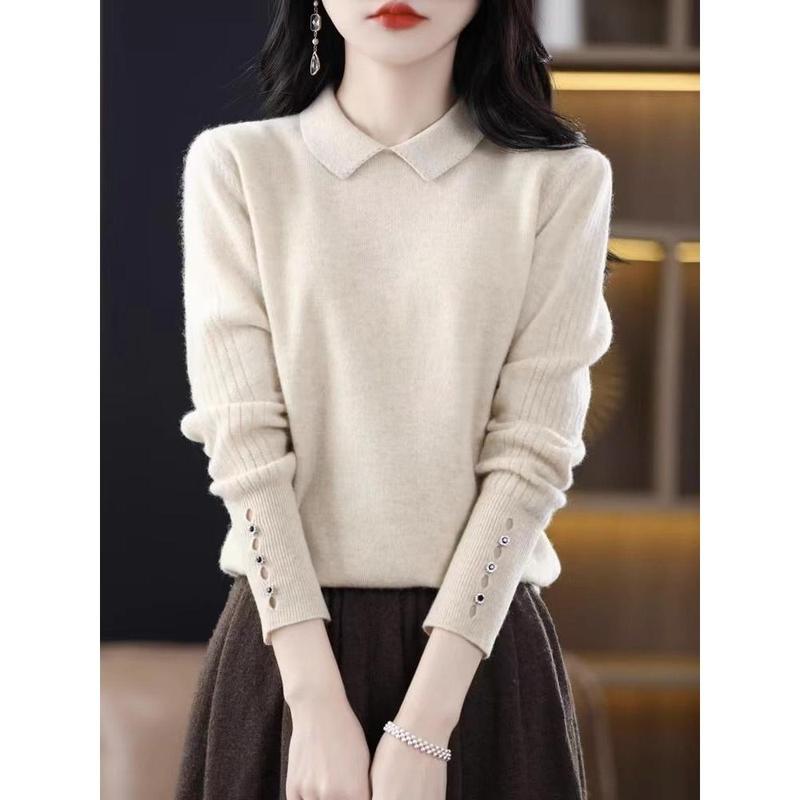 Áo Len Nữ, Thiết Kế Khoét Lỗ Vòng Bít Thời Trang, Bộ Sưu Tập Mùa Xuân 23, Màu Đỏ, Phong Cách Mới, Cổ Áo Búp Bê, Bó Sát, Thanh Lịch, Áo Lớp Nền 0