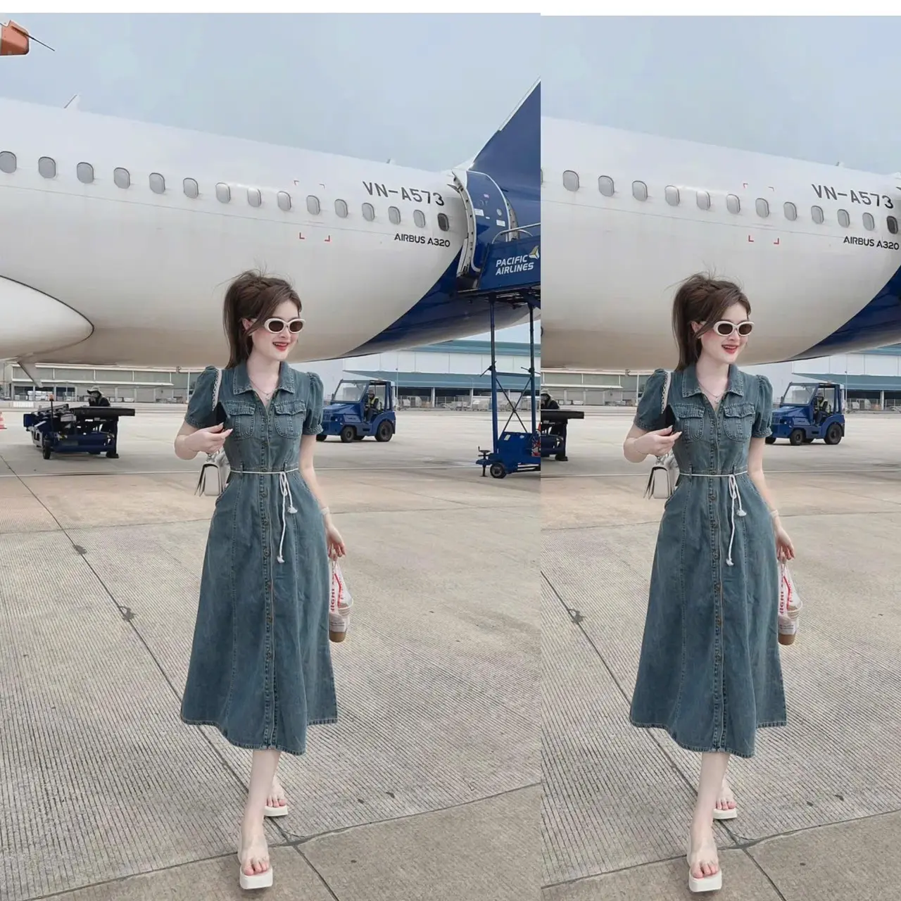 Váy Thời Trang Cao Cấp Dành Cho Nữ, Chất Liệu Jean Cứng, Phong Cách Quảng Châu, Cổ Áo Sơ Mi ngắn Tay, Dáng Rộng Vừa Vặn, Thắt Lưng Buộc Dây, Có Thể Mặc Đi Chơi