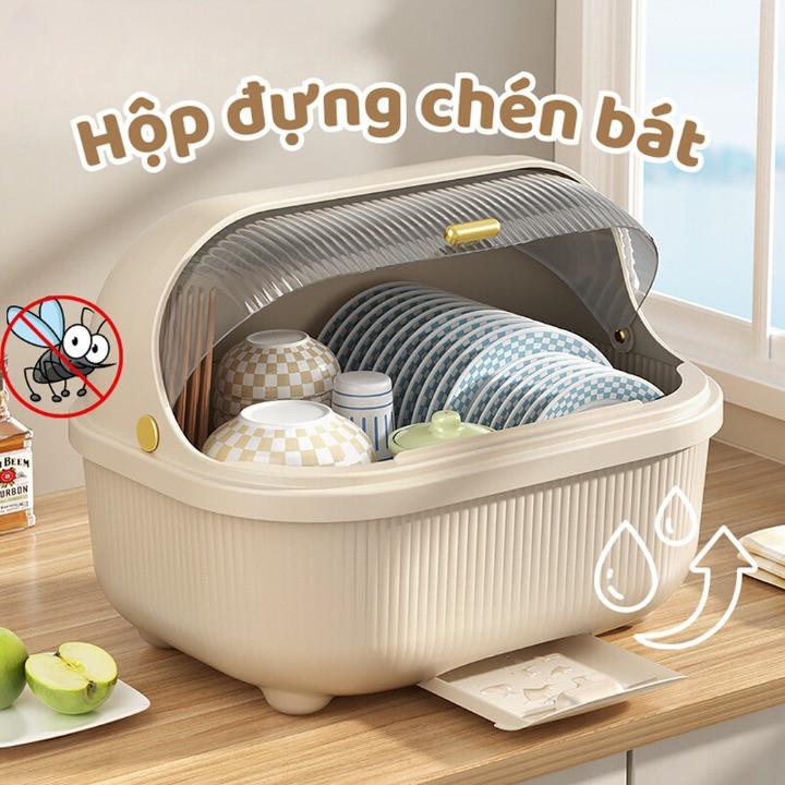 Kệ Úp Chén Bát Đĩa Ráo Nước ToShuDo Cỡ Lớn Kèm Khay Thoát Nước - Giá Úp Chén Đĩa Hộp Kệ Có Nắp Đậy Kitchen