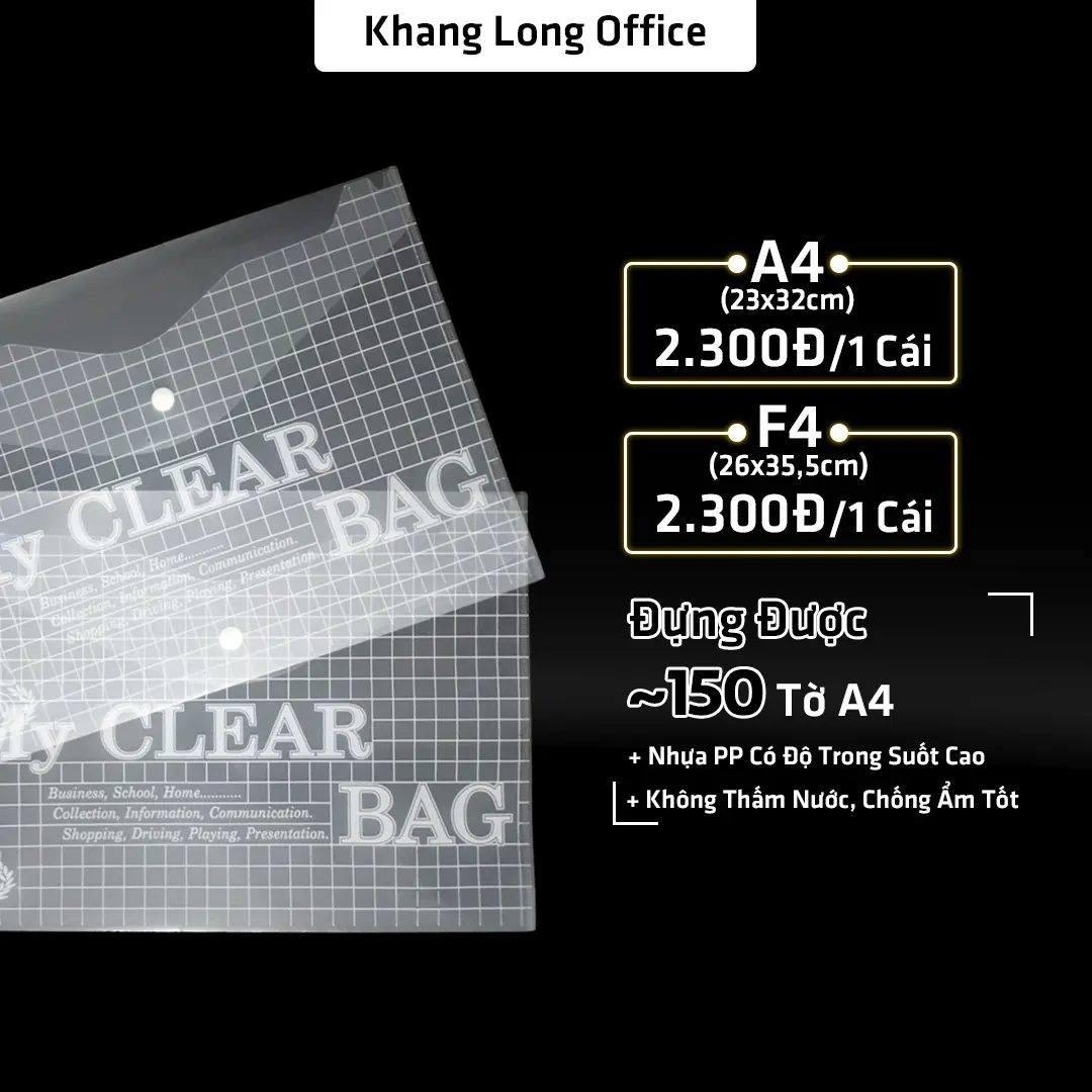 Bìa Sơ Mi A4/F4 My Clear Bag, Bìa Nút Nhựa PP Dày Trong Suốt Bảo Vệ Tài Liệu, Không Thấm Nước