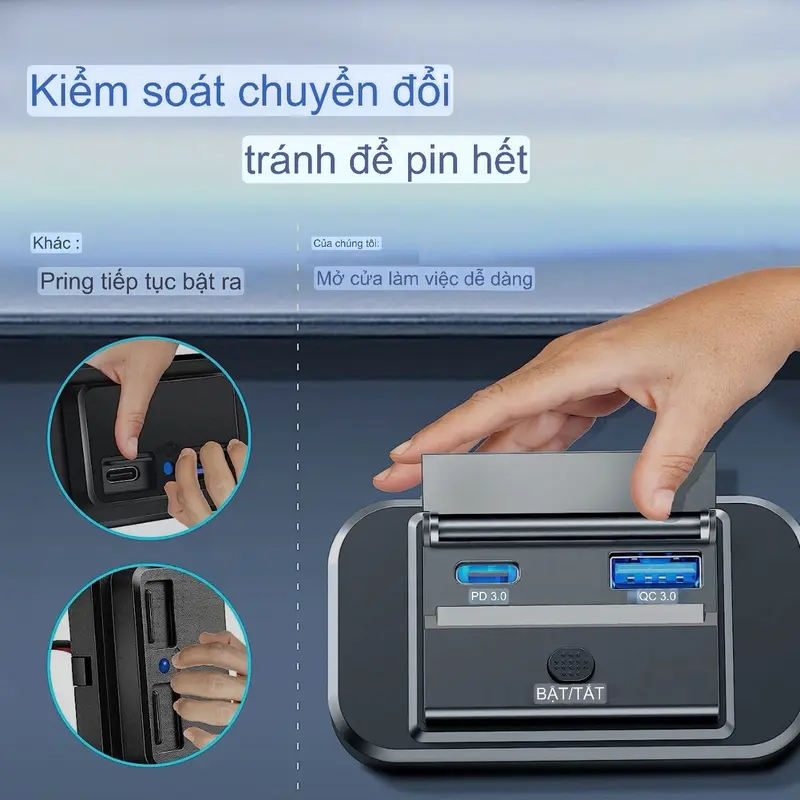 Tẩu sạc nhanh điện thoại iphone ipad máy tính bảng 2 cổng Usb QC3.0 và Pd3.0 có nắp đậy công tắc ON OFF sử dụng điện bình 12v-24v Phụ Kiện 5