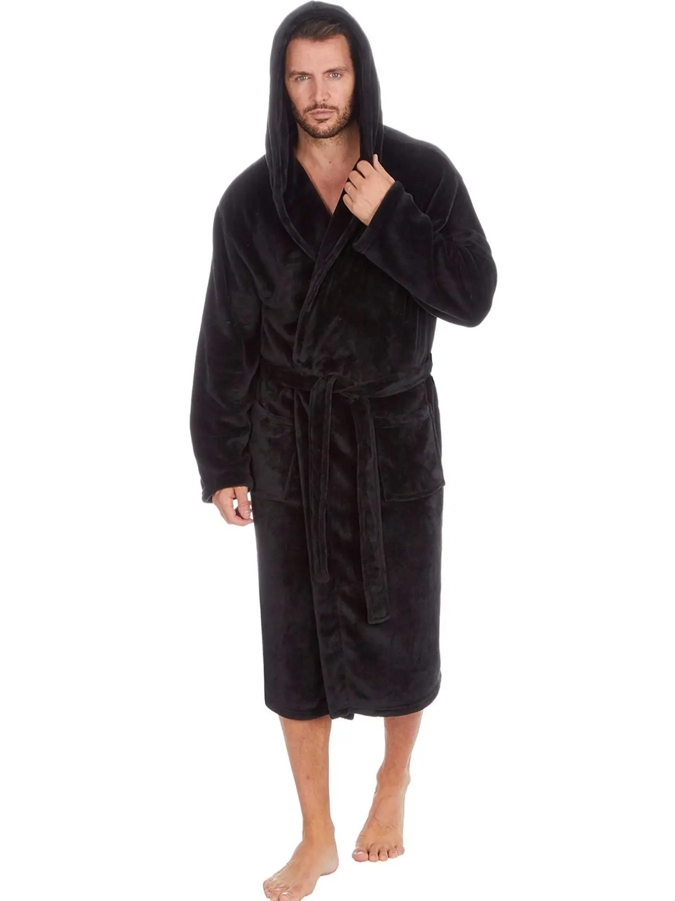 Men's Plain Pocket Belted Flannel Hooded PJ Dressing Gown, Casual Soft Comfy Thermal Long Sleeve PJ Nightwear, Menswear Loungewear for Fall & Winter