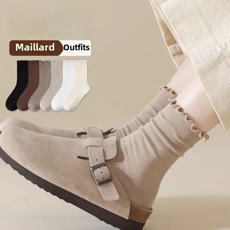 Solid-Coloured Mid-Calf Cotton Socks Anti-Pilling, Loose-Fitting, Anti-Stretching Monthly Socks, Versatile Stacked Socks For Girls