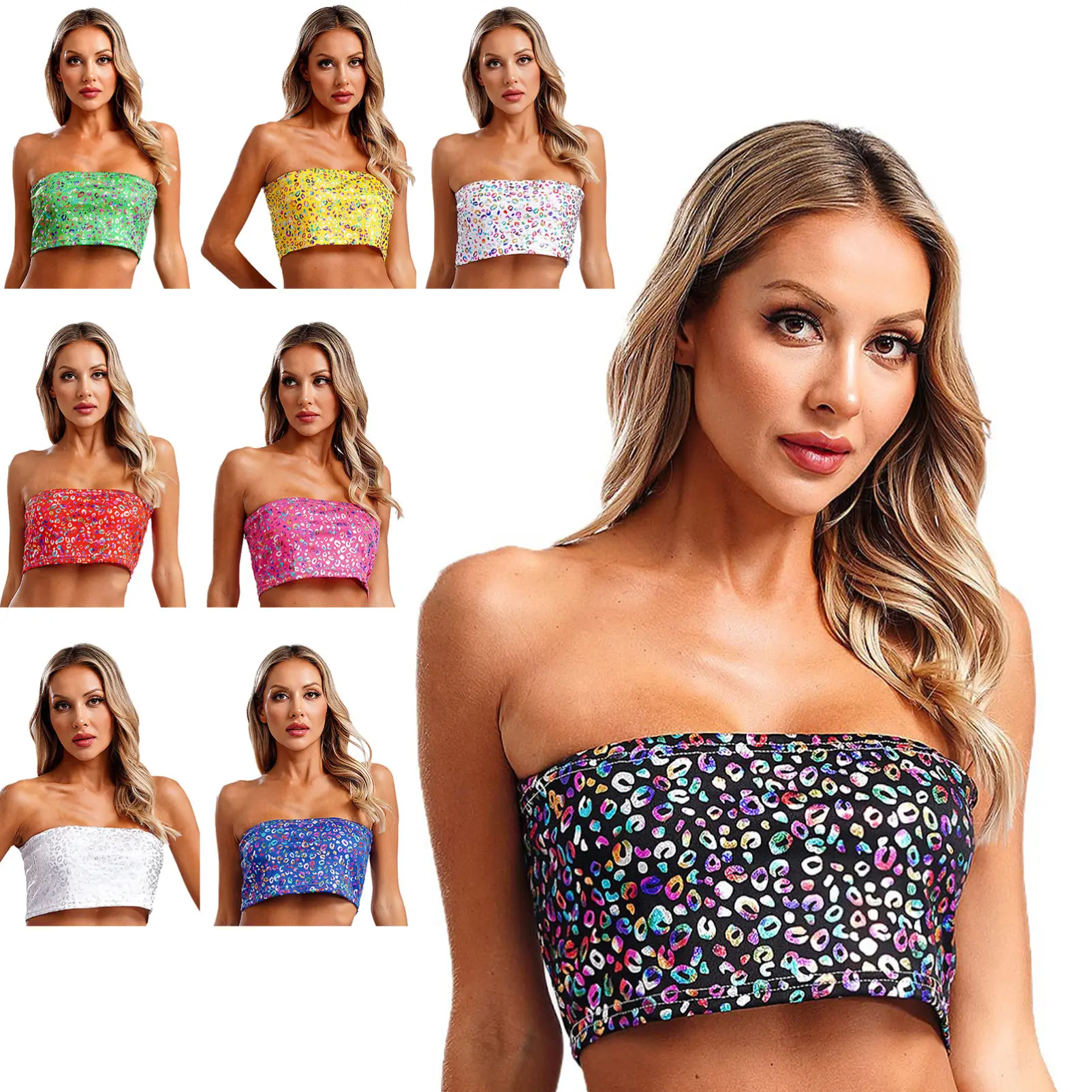 CHICTRY  Womens Metallic Leopard Print Tube Top Strapless Crop Top Cheerleading Dance Stage Performance Costume
