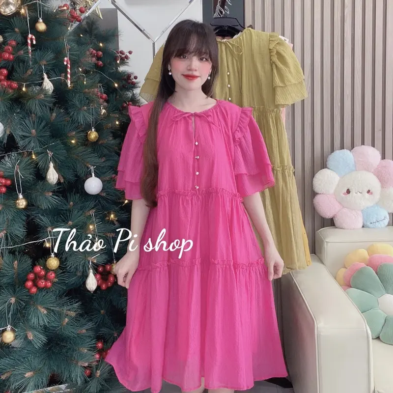 Đầm babydoll Nữ dáng suông rộng tay phồng phối nút siêu đẹp - M8 0