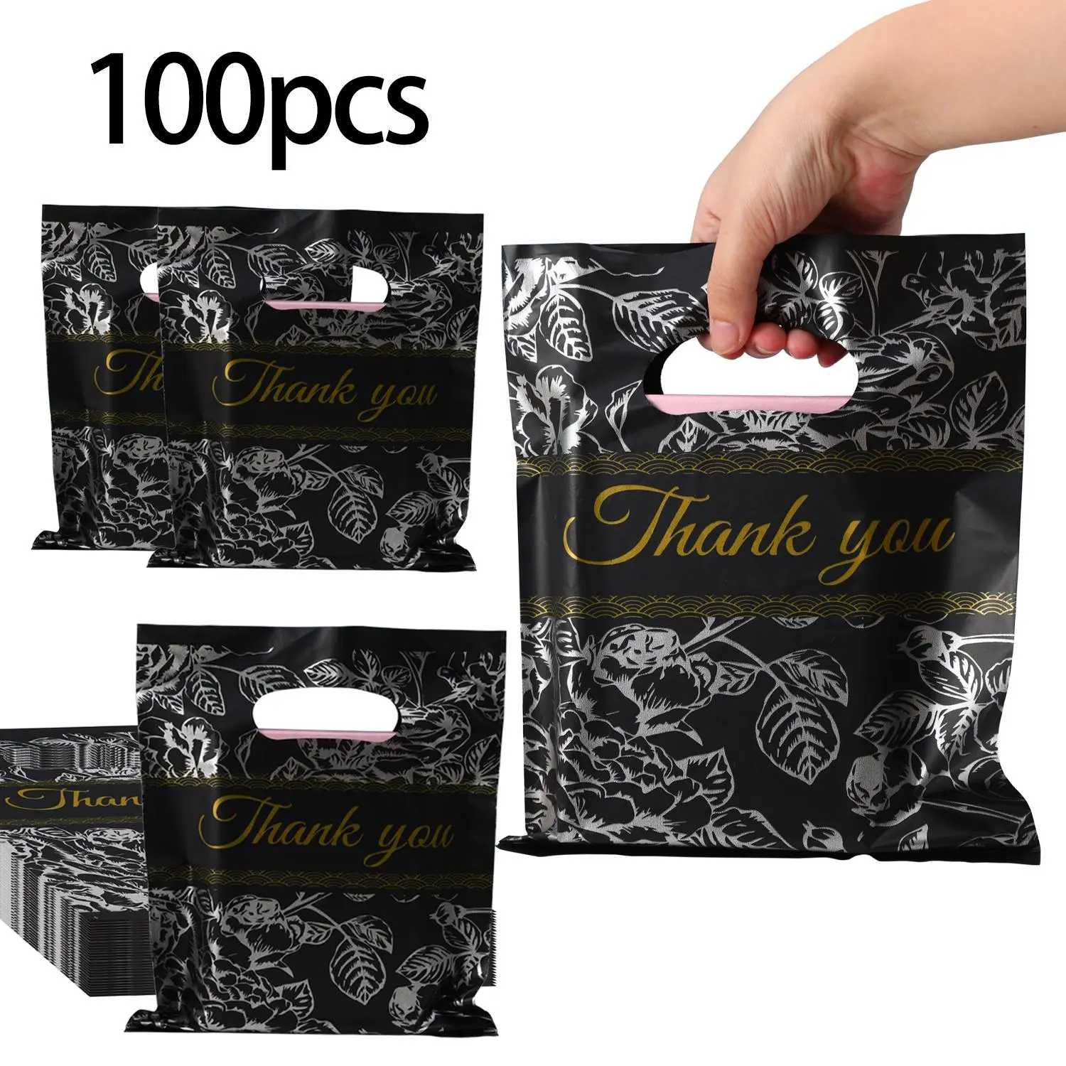 Thank You Gift Bag with Handle, 100pcs/set Plastic Gift Bag, Gift Wrapping Bag for Birthday Party, Holiday, Retail Shop, Party Favors