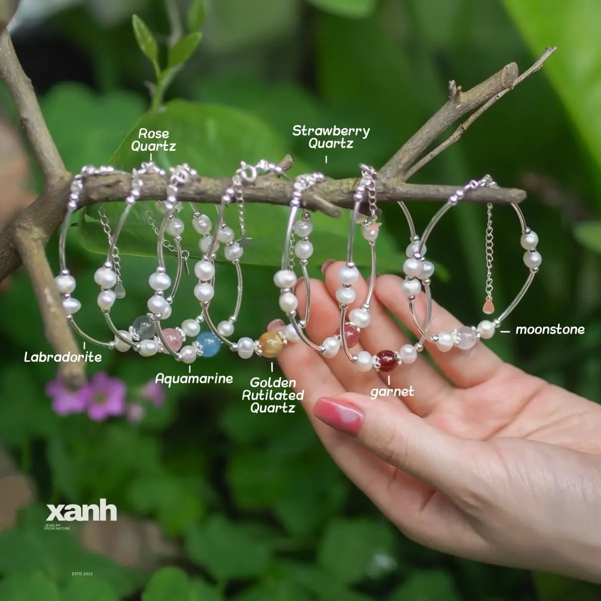 Vòng tay nữ phối ngọc trai và đá thiên nhiên may mắn tích cực - Xanh Jewelry Rose quartz