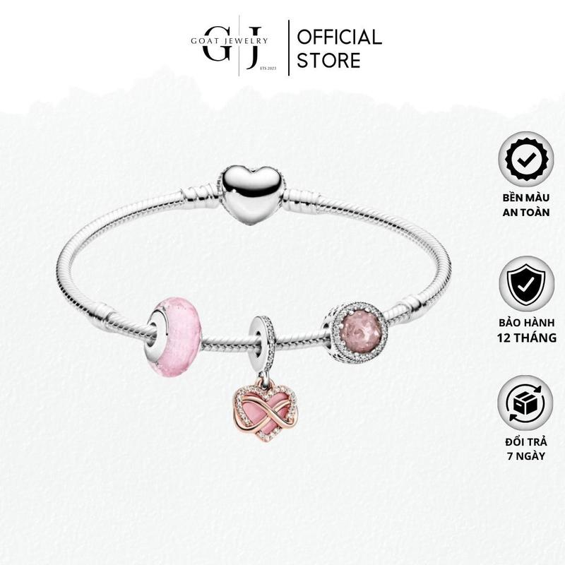 Vòng Mềm Bạc Nữ Mix Charm Bạc 925 Chủ Đề Tình Yêu Màu Hồng Tặng Hộp Đựng Sang Trọng