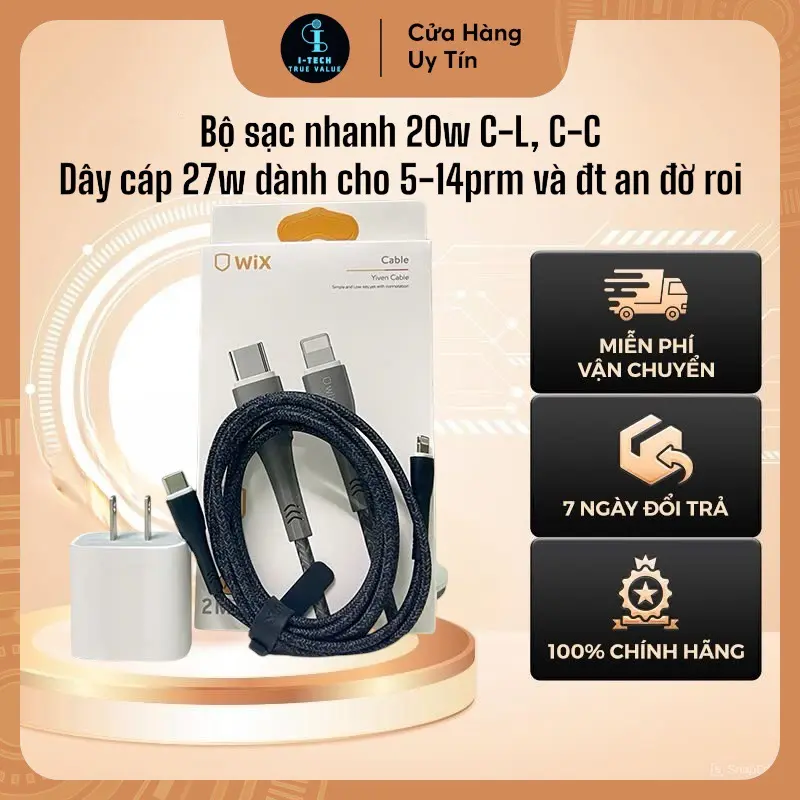 Bộ củ sạc nhanh 20W - Dây cáp dù 2m , hỗ trợ sạc nhanh dành cho các dòng điện thoại 5-14prm Type C ko phải cổng Usb Phụ Kiện Phone cuc  sac capsacnhanh  20w củ  sạc sạc  iphone 0