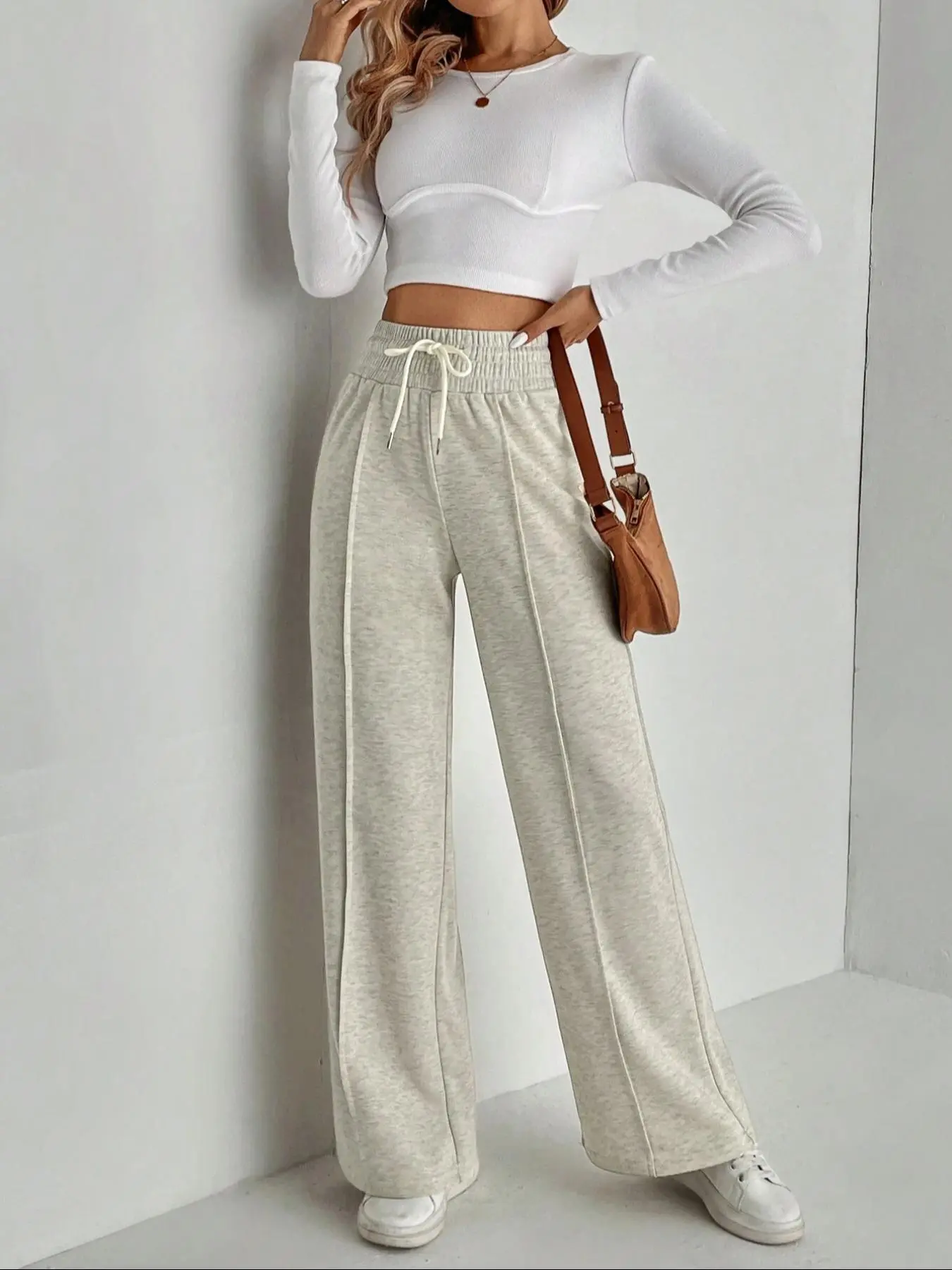 Women's Plain Drawstring Waist Wide Leg Sweatpants, Casual Comfy Trousers for Daily Wear, Ladies Bottoms for All Seasons