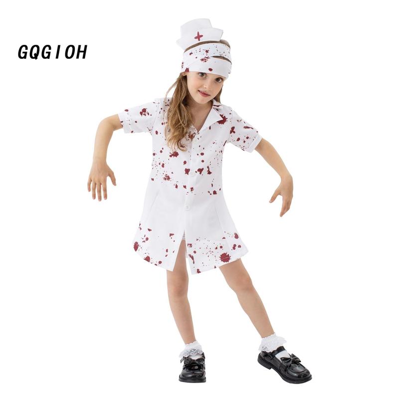 Bloody Nurse Costume for Girls Creepy Short Sleeve Dress Hat Set 7