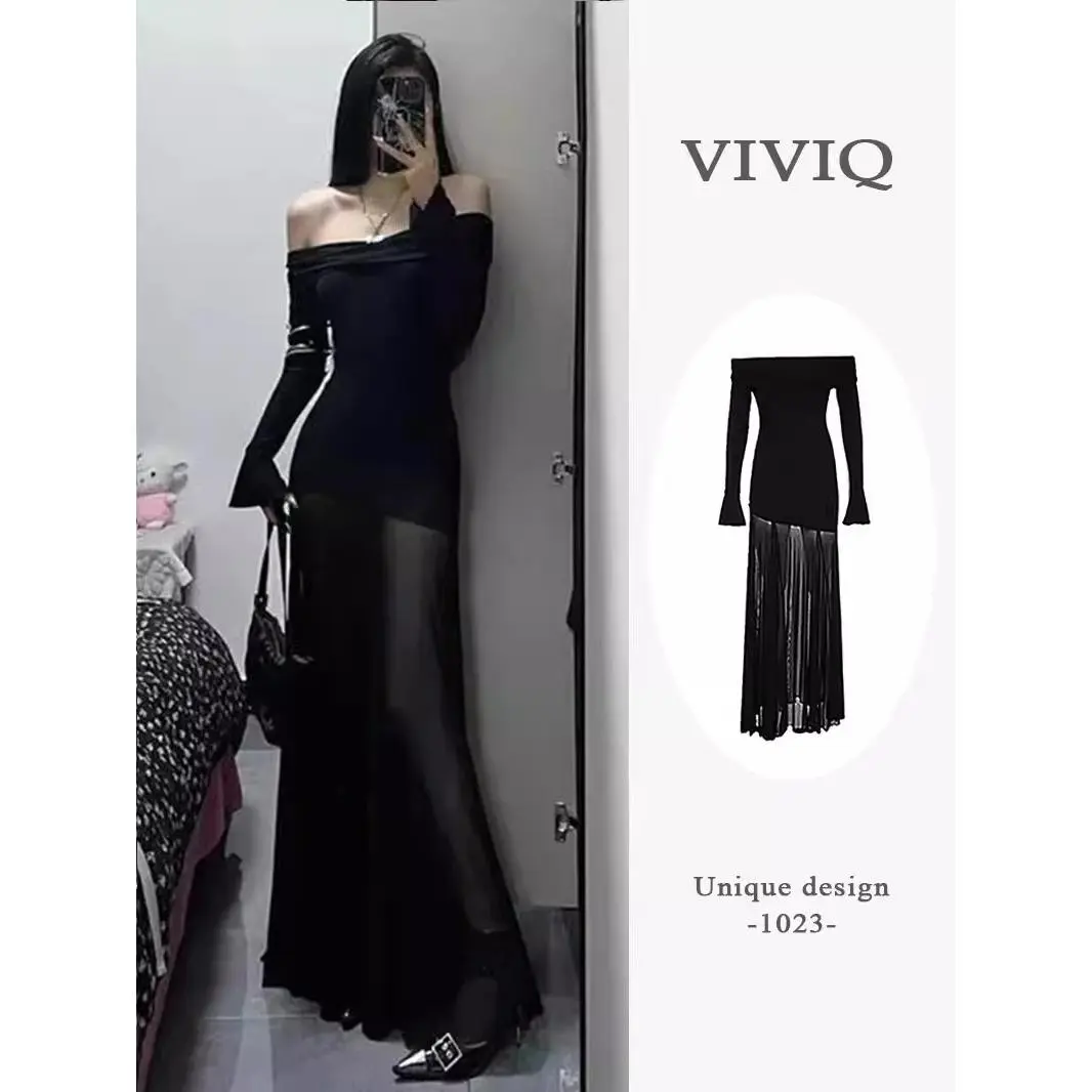 Đầm Tay Áo Chắp Vá Trễ Vai Lưới Màu Đen, Phong Cách Trưởng Thành, Dành Cho Nữ, Hàng Mới Về Mùa Xuân, Đầm Dài Ôm Sát Eo, Bó Sát