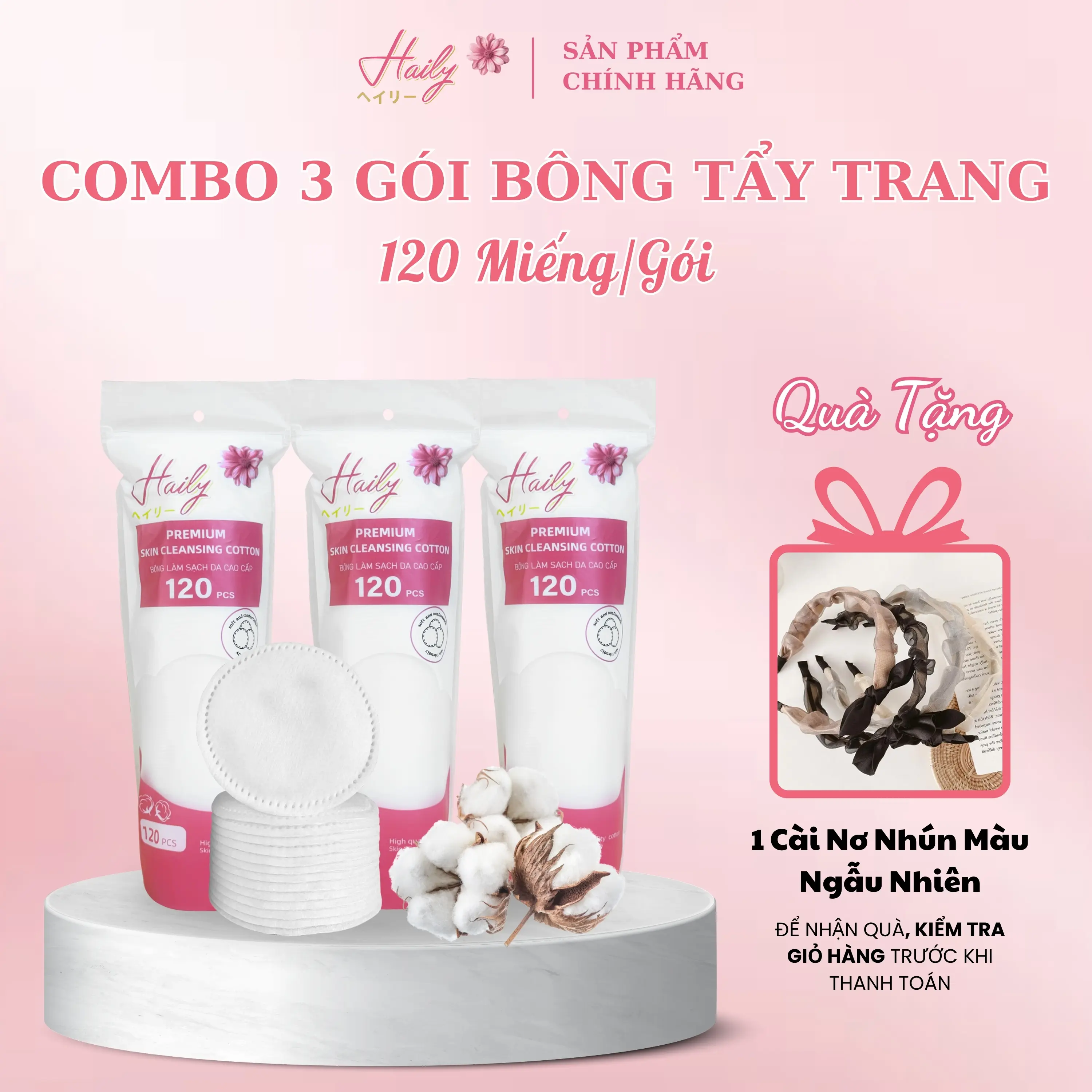 Combo 3 Gói Bông Tẩy Trang Haily (360 Miếng) Cotton 3 Lớp