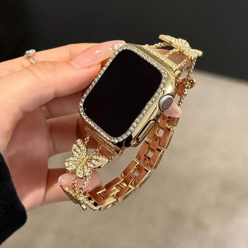 Rhinestone Butterfly Decor Watch Band, Luxury Fashion Smart Watch Band, Smartwatch Accessories Compatible with Apple Watch Series 9 8 7 6 5 4 3 2 1 SE 3