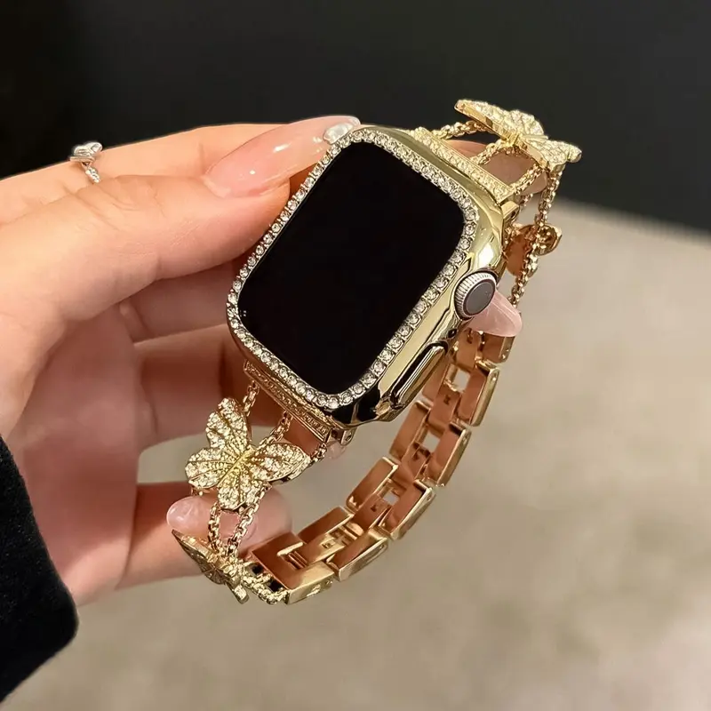 Rhinestone Butterfly Decor Watch Band, Luxury Fashion Smart Watch Band, Smartwatch Accessories Compatible with Apple Watch Series 9 8 7 6 5 4 3 2 1 SE 2