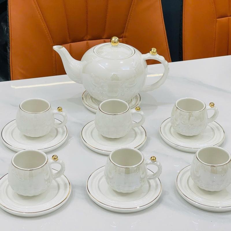 Bộ Ấm Chén Uống Trà Trắng Viền Vàng DKS J3-2A Sang Trọng Decor Tết