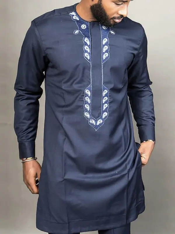 Two-Piece Set Men's Embroidery Trim Split Hem Top & Pants, Regular Fit Casual Long Sleeve Round Neck Top & Trousers for Daily Wear, Men's Clothing for All Seasons 0