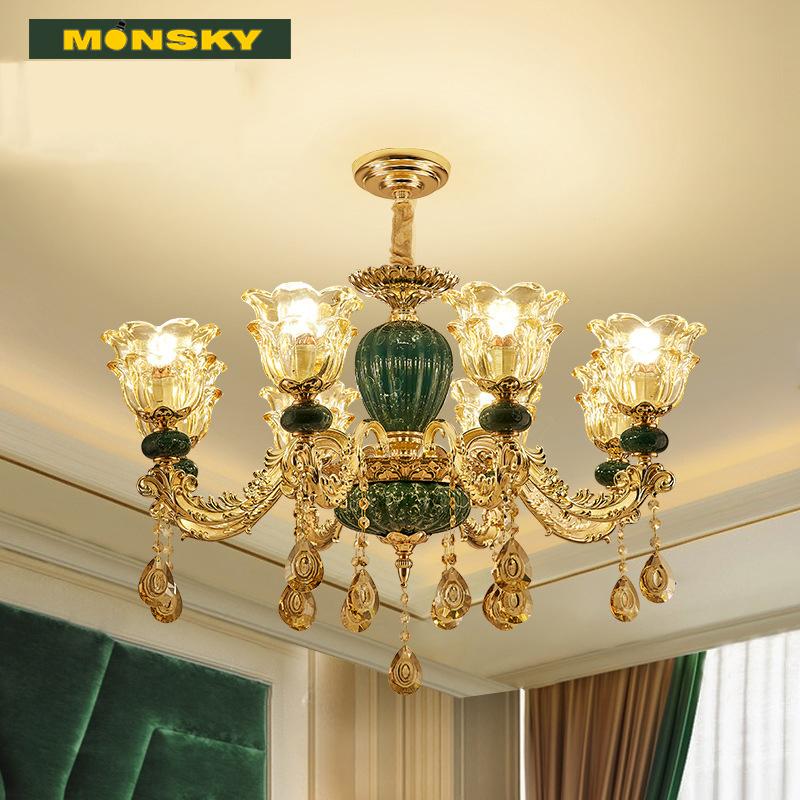 Đèn chùm MONSKY LUNA 8 tay, 15 tay thân gốm pha lê treo hiện đại sang trọng trang trí nội thất dùng bóng LED nến siêu đẹp