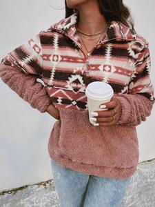 Women's Geometric & Striped Print Zipper Collared Plush Sweatshirt, Casual Long Sleeve Pullover for 2024 Spring Fall, Women's Clothes for Daily Wear