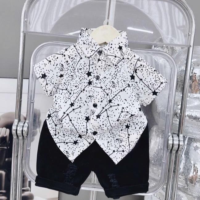 ÁO SƠ MI LỤA - QUẦN KAKI ĐEN BÉ TRAI MỀM MÁT ĐI CHƠI ĐI DU LỊCH 8-30kg. Áo sơ mi , quần kaki . Bé trai