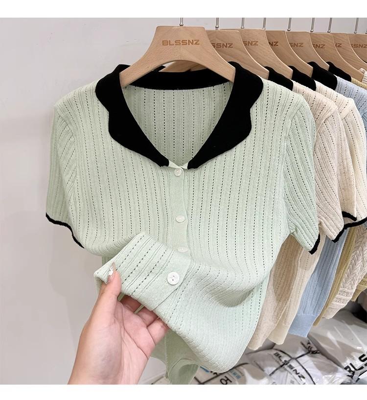 Product Introduction of Áo Cardigan Dệt Kim, ngắn Tay, Chất Liệu Lụa Ngầu Dành Cho Nữ, Mỏng Và Mùa Hè, Màu Sắc Tương Phản, Thiết Kế Độc Đáo Với Thiết Kế Áo Polo Rỗng Áo Cánh Nữ Hàng Đầu 21