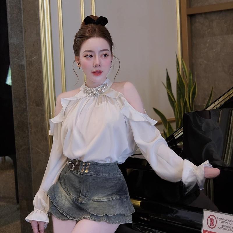 Áo lụa hoen vai cổ đá QCCC