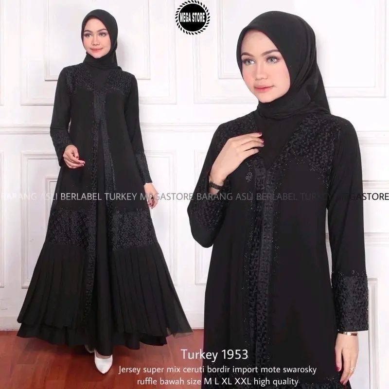 Gamis Turkey 1953 Black Bordir Terbaru Abaya Turki Hitam Syar'i Jumbo 0