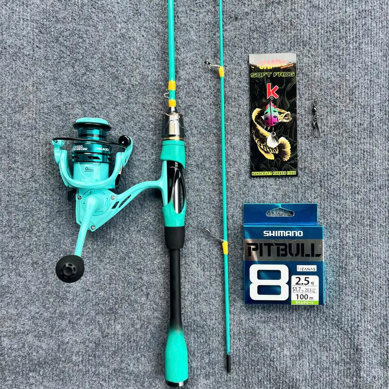 Combo Bộ Cần Câu Cá Lure UL LAM NGỌC Máy Đứng Kèm Dù Nhái Hơi CHADO Và Khóa Link