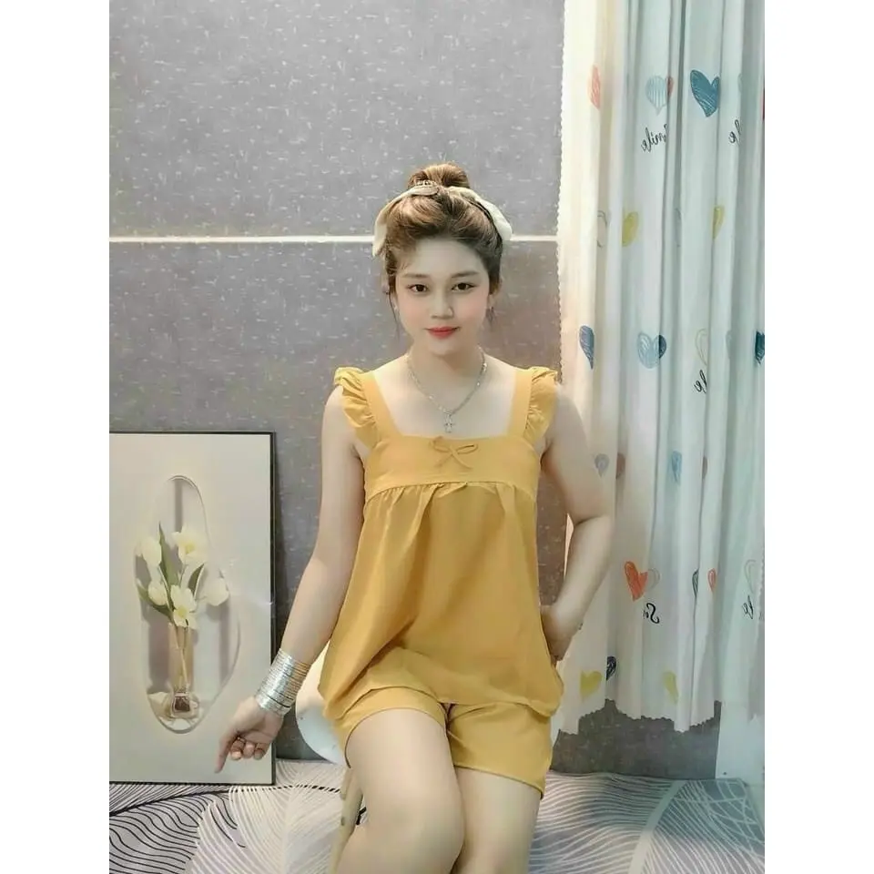 Bộ nữ {3 sai-45-65 ký } Đồ bộ đùi nơ áo tay cánh tiên mẫu mới lụa nhật mềm mát Kem Women Vietnam Tie Front