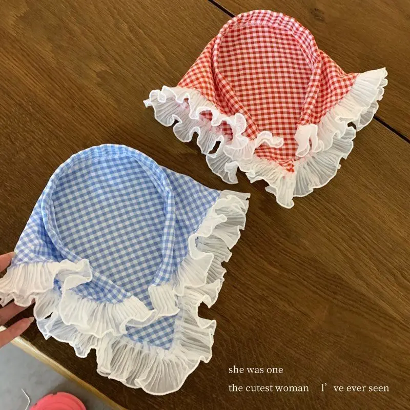 Red and Blue Plaid Headscarf Lace Triangle Scarf Female Closed Toe Pastoral Style Hair Band High-Grade Seaside Photography Headband