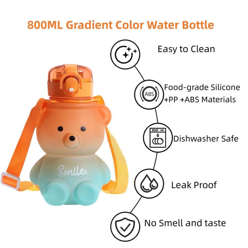 Cartoon Bear Design Water Bottle, Cute Large Capacity Water Drinking Bottle with Straw & Adjustable Strap, Portable Drinking Bottle for Home School Camp Outdoor 8