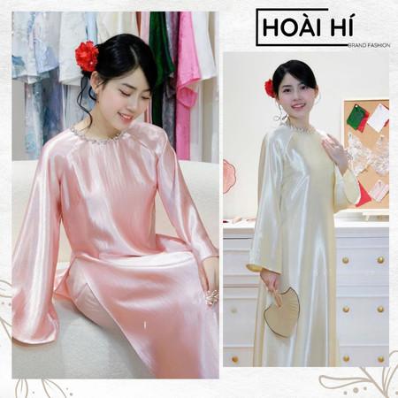 Áo Dài Lụa Ý Tráng Gương Dáng Xuông , Cổ Tròn Đính Đá Sang Trọng,Tay Dài Loe Rộng - Áo Dài Hoài Hí
