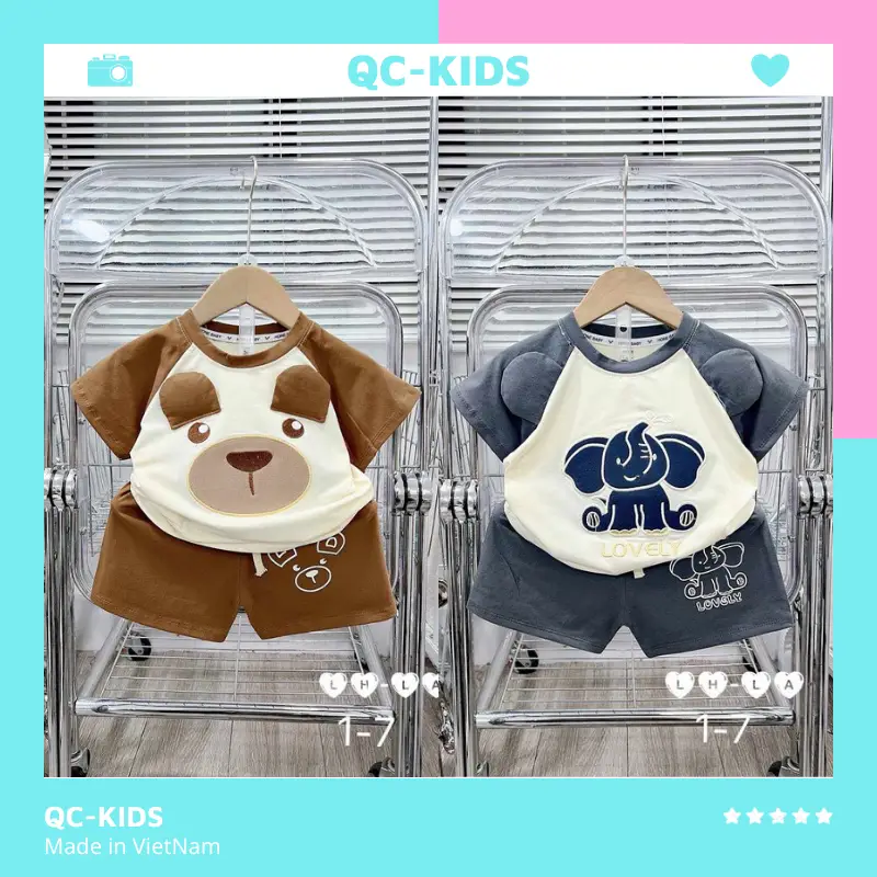 Bộ quần áo cộc tay bé trai bé gái chất liệu cotton thêu hình các con vật gấu, voi, ếch, khủng long, sư tử 8-18kg