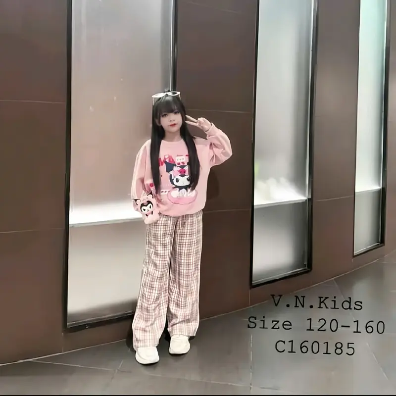 (MS17) SET BỘ NỈ DA CÁ IN HÌNH KUROMI, ÁO + QUẦN ỐNG XUÔNG KẺ CARO CHO BÉ GÁI DỄ THƯƠNG , SIZE 10-44 KG quần áo  cho bé gái 1
