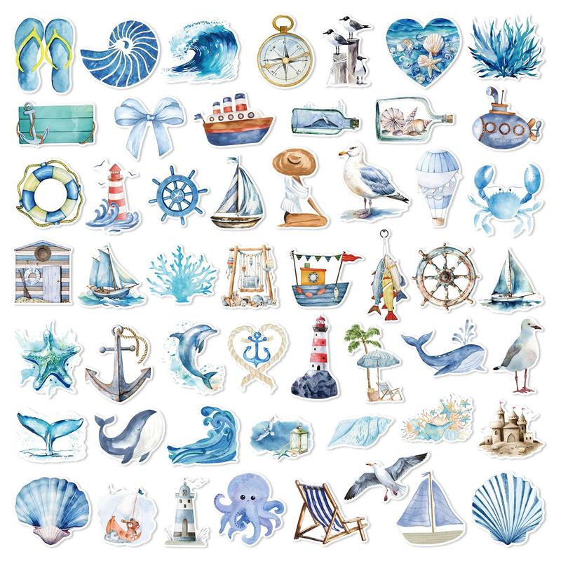 Product Introduction of Ocean Themed Sticker, 50pcs/set Waterproof Self Adhesive Decor Paper, Decor Sticker for Gift Greeting Card Water Bottle Laptop Phone 2