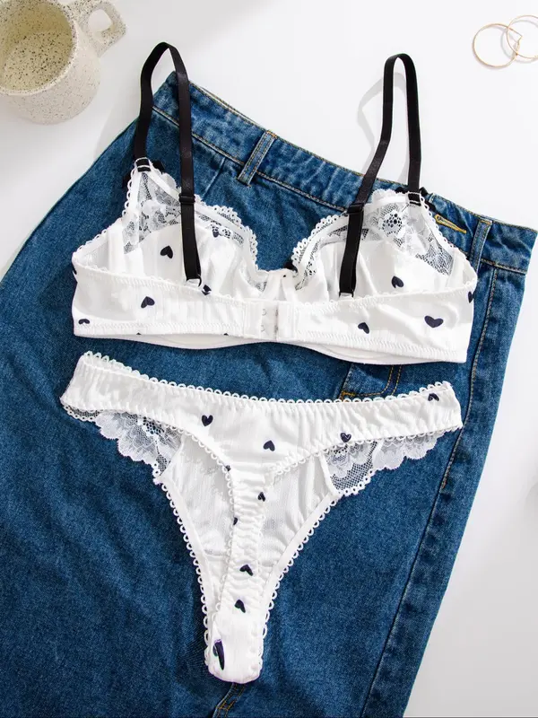 Women's Ditsy Floral Print Contrast Lace Bra & Panty Set, Floral Decor Adjustable Strap Bra & Knicker, Summer Wear 2024, Summer Clothes Women, Ladies Lingerie Set Valentine's Day, Underwear for Women 5