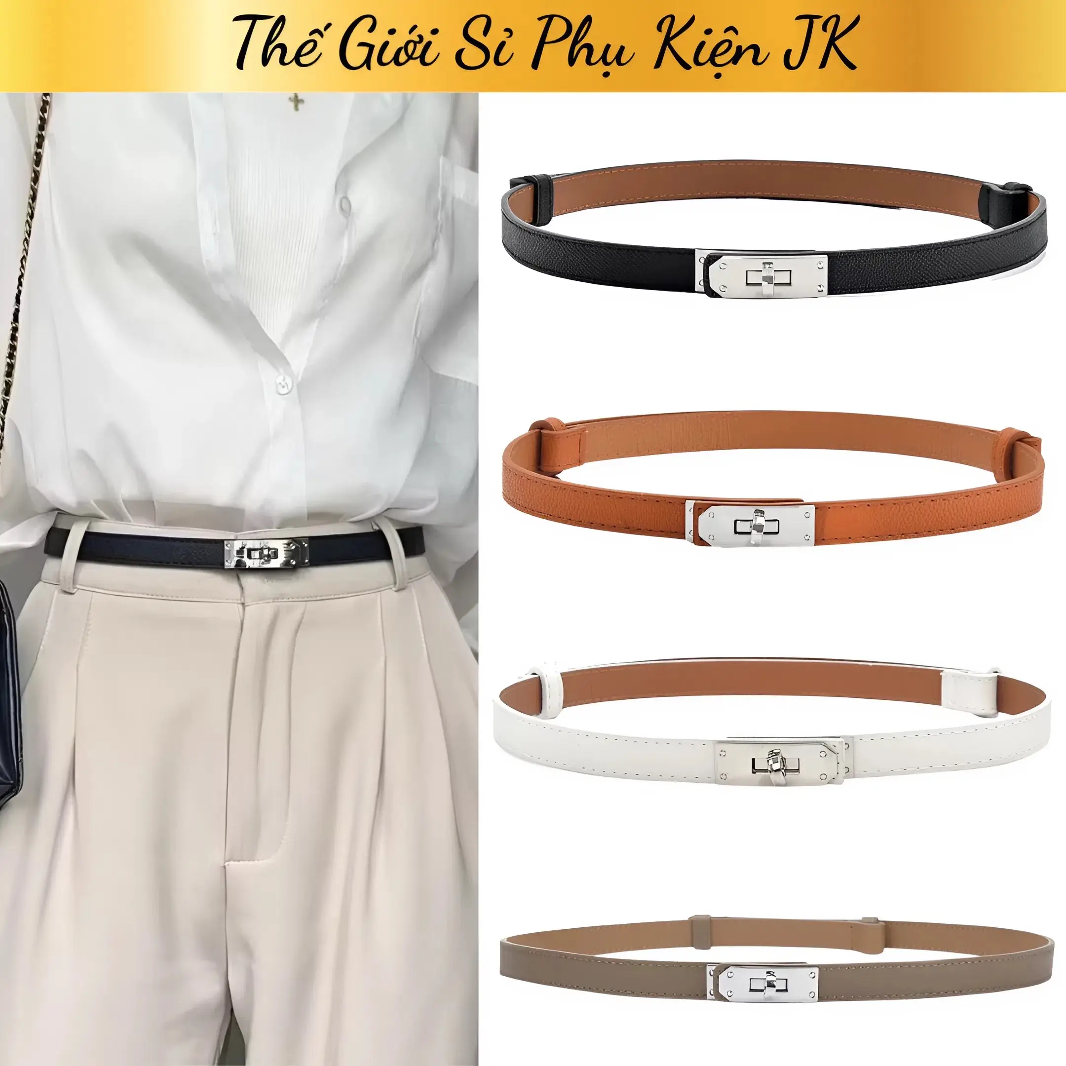 Thắt Lưng Da belt nữ thiết kế tối giản tinh tế sang chảnh Bản Nhỏ Thời Trang (4pu bạc)