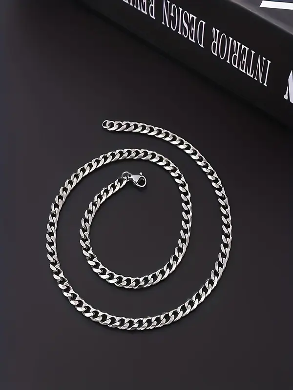 Men's Simple Cuban Chain Bracelet & Necklace (2counts), Fashion Hip Hop Stainless Steel Jewelry for Party, Daily Clothing Decor, Trendy All-match & Exquisite Jewelry for Birthday Gift 4