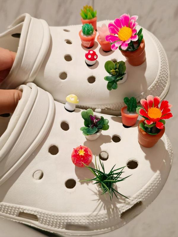 Women's Cute Pot Plants & Flower Design Clogs Charms, 12pcs/set Trendy Novelty Colorful Shoes Charms, Chic Shoes Accessories for Clogs Decor 3