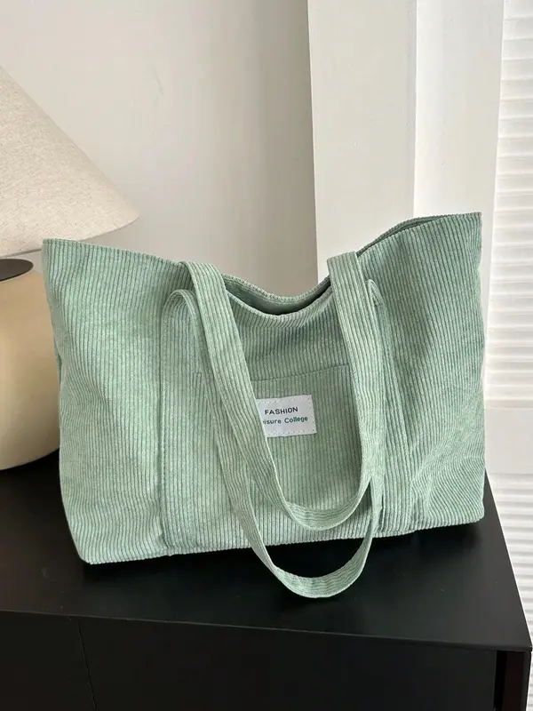 Solid Color Corduroy Tote Bags for Women, Gifts for Girlfriend, Fashionable Letter Label Decor Shoulder Bags for Work Office, Girls Large Capacity Shopping Bag, Handbags for Women, Handbags for School, Wife Up Work Bag, Travel Accessories 5
