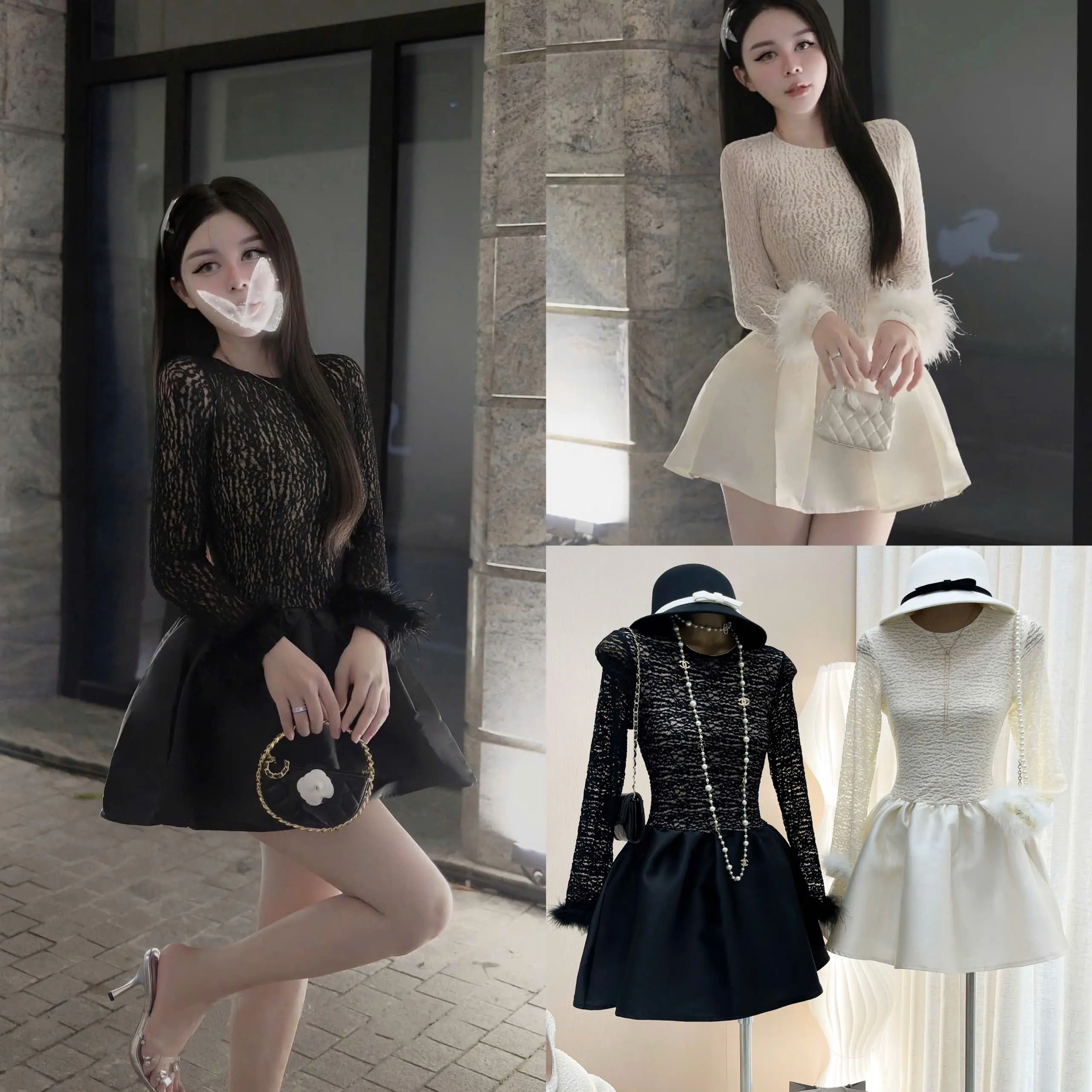 ĐẦm ren cao cấp 2 màu phối tay lông đơn giản mà sang