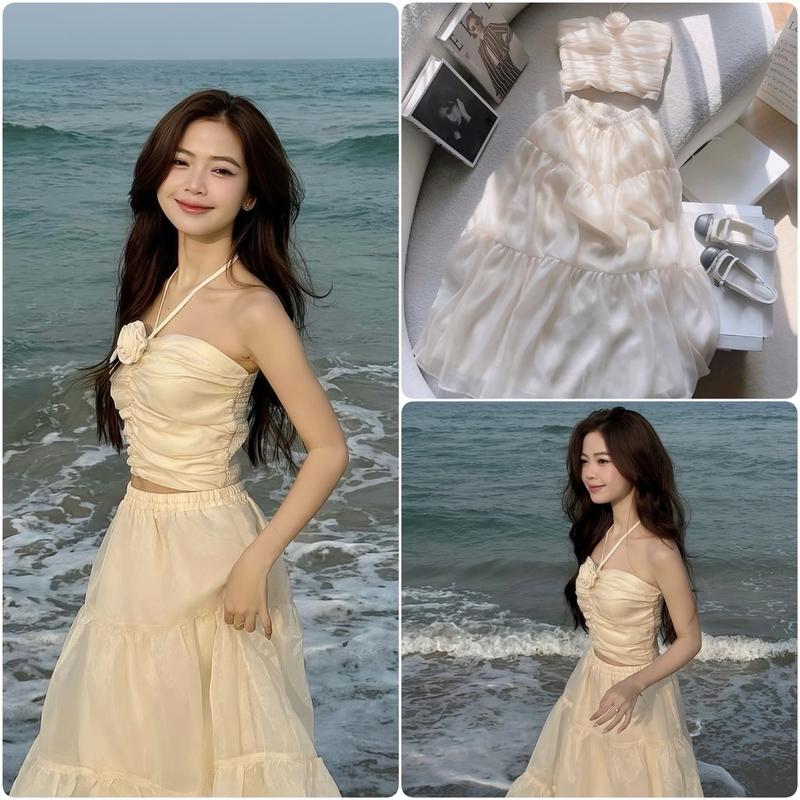 Sét Váy Maxi Áo Cúp Nguc Dây Yếm Gắn Hoa + Chân Váy Xoè Dáng Dài 2 Lớp