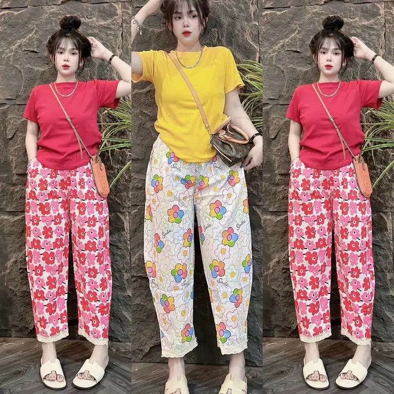 Sét Bộ Thun Áo Tay Ngắn Cổ Tròn In Hình Hoa Nhí Thun Co Giãn Kèm Quần Baggy Lụa Phoi Ren Lai,In Hoa Tiếc Hoa ,Phom 45-58kg,Mac Thoai Mai Nữ Women Bo Chun Nhung Voi Top Kem 8