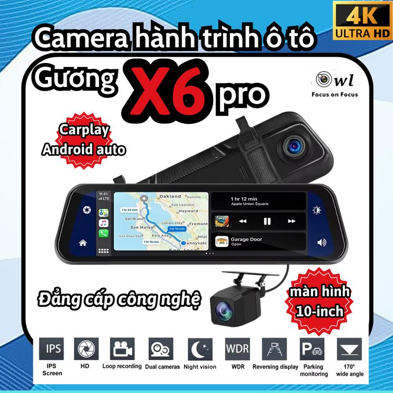 Cam hành trình Ô Tô X6Pro gắn gương, Full gương cảm ứng, Ghi hình 4K 2K sắc nét, CarPlay và Android Auto không dây, Ghi hình 2 kênh, có chế độ lùi xe, kết nối điện thoại ,Xem bản đồ, nghe nhạc