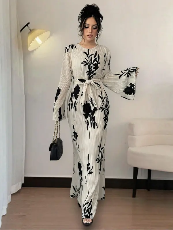 Women's Floral Print Belted Flounce Sleeve Dress, Elegant Long Sleeve Round Neck A Line Dress for Spring & Fall, Women's Clothing for Daily Wear, Wedding Guest Dresses 5