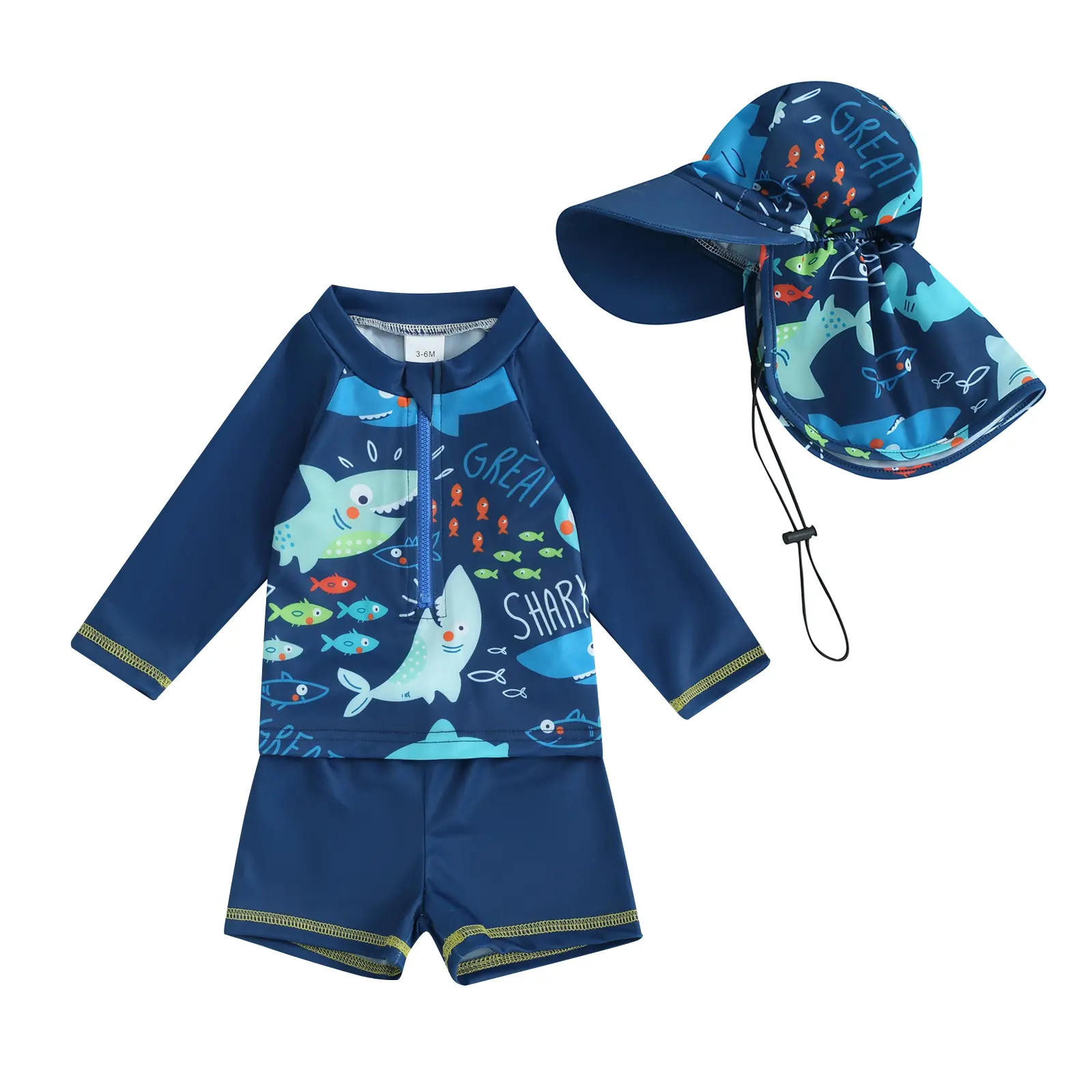 3Pcs Toddler Boy Rash Guard Swimsuits Cute Fish Print Long Sleeve Zip Up Tops Short Hat Bathing Suit Swimwear Beachwear