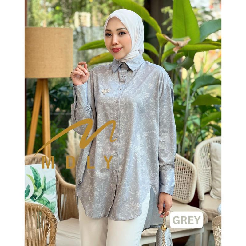 Baju kemeja Basic atasan wanita Toile De Jouy Monogram Shirt By Mdly Muslim Nyaman Printing Fit Panjang Wudhu Oversize Katun Bordir 2