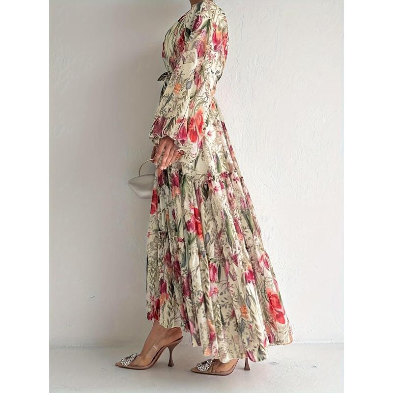 Elegant Floral Print Long Sleeve Kaftan Dress - Casual Polyester Maxi with Tie-Waist Detail, Machine Washable - Perfect for All Seasons 5